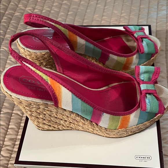 Coach Striped Multicolor Wedge Sandals - Picture 1 of 8